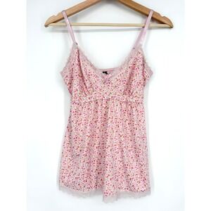 Laura Ashley Pink Floral Lace Trim Babydoll Cami Pajama Top Sz M
